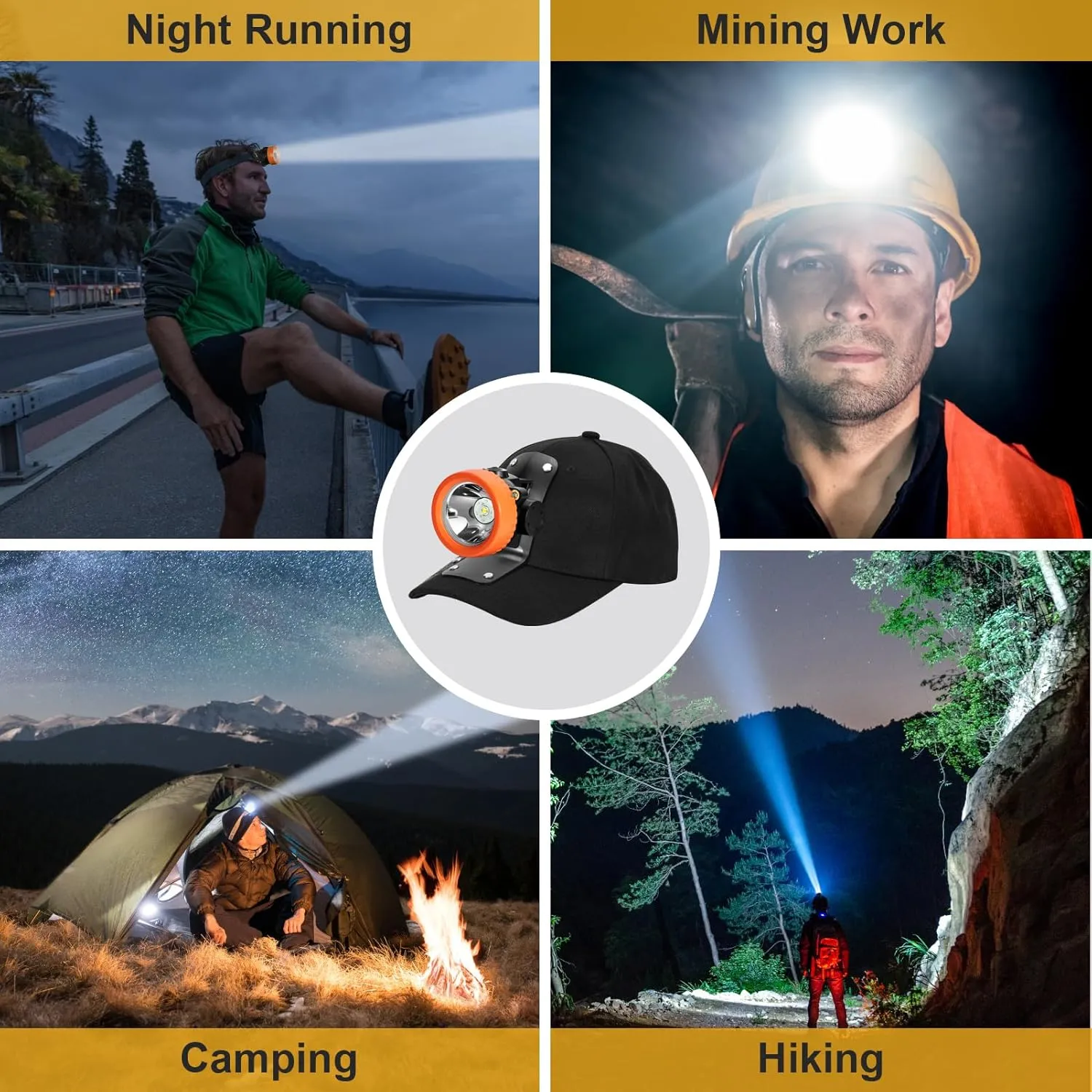 Lokilo Super Bright 1 6 LED Mining Headlamp,Rechargeable Waterproof Headlight with Miner Cap,Long Lasting,Lightweight Perfect for Work Camping Hiking and Emergency Use White Light (Orange with Hat)