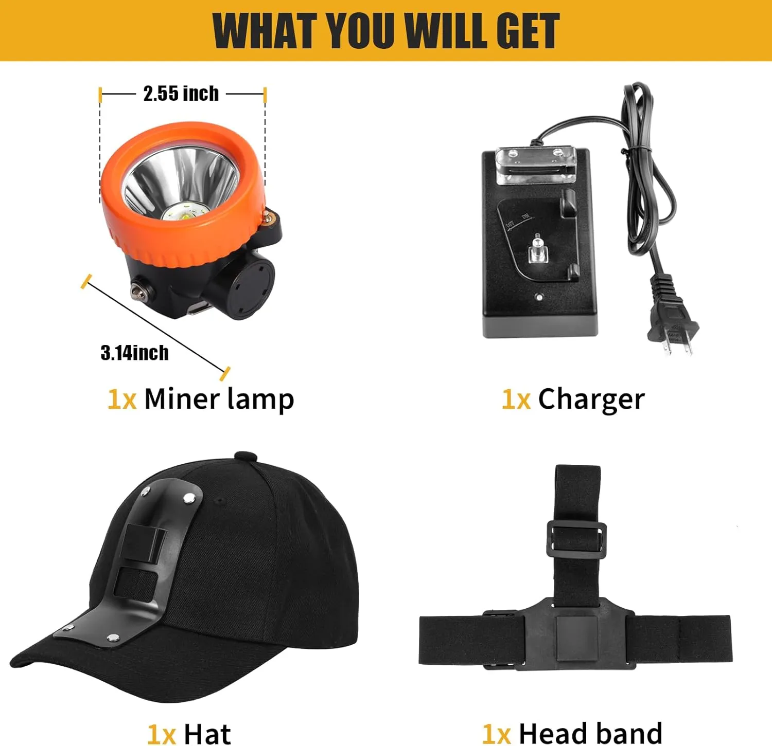 Lokilo Super Bright 1 6 LED Mining Headlamp,Rechargeable Waterproof Headlight with Miner Cap,Long Lasting,Lightweight Perfect for Work Camping Hiking and Emergency Use White Light (Orange with Hat)