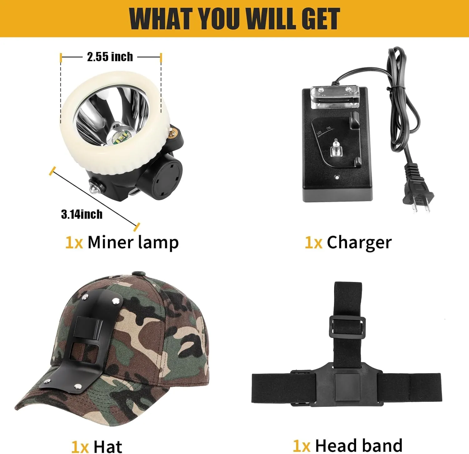Lokilo Ultra-Bright LED Mining Headlamp,Rechargeable Waterproof Hard Hat White Light Headlight,Camouflage Miner Cap Included,Durable Mining Light for Underground Work and Outdoor Adventures (White)