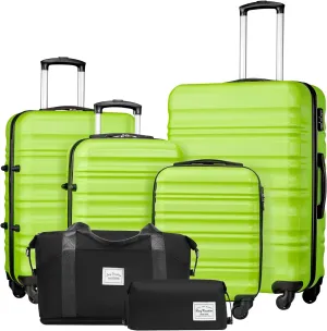 LONG VACATION 6 Piece Luggage Set Carry on Suitcase with ABS PC hardshell, Spinner Wheels & YKK Zipper TSA Lock (APPLE GREEN, 6 piece set)