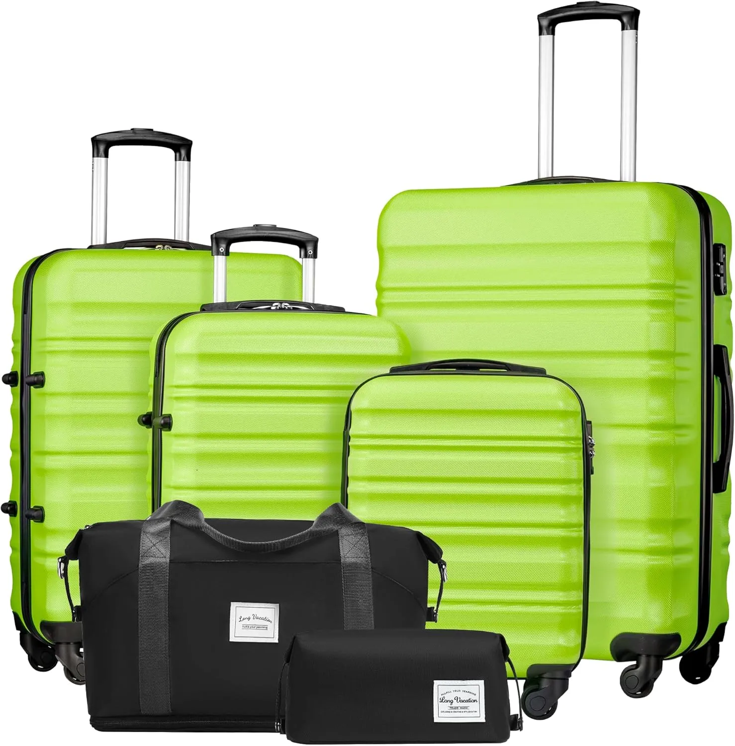 LONG VACATION 6 Piece Luggage Set Carry on Suitcase with ABS PC hardshell, Spinner Wheels & YKK Zipper TSA Lock (APPLE GREEN, 6 piece set)