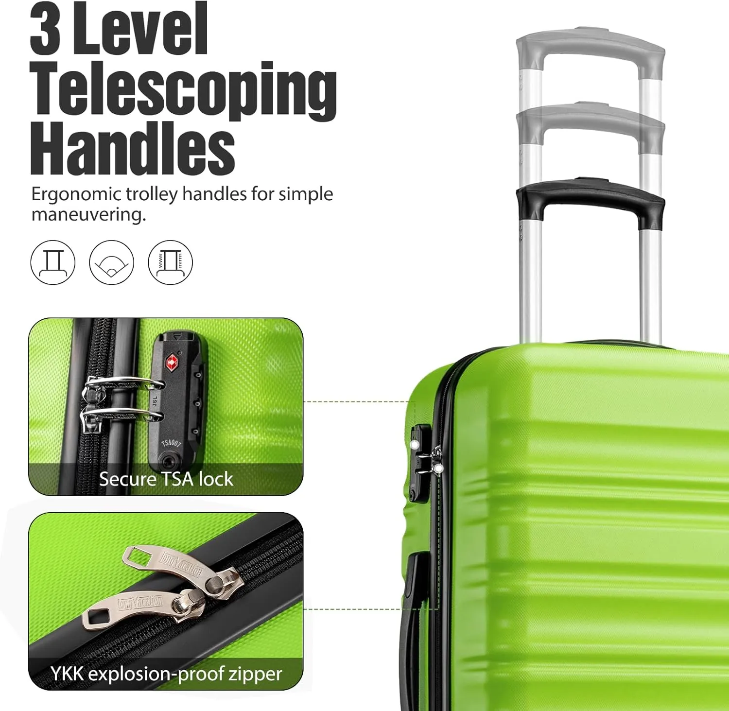 LONG VACATION 6 Piece Luggage Set Carry on Suitcase with ABS PC hardshell, Spinner Wheels & YKK Zipper TSA Lock (APPLE GREEN, 6 piece set)