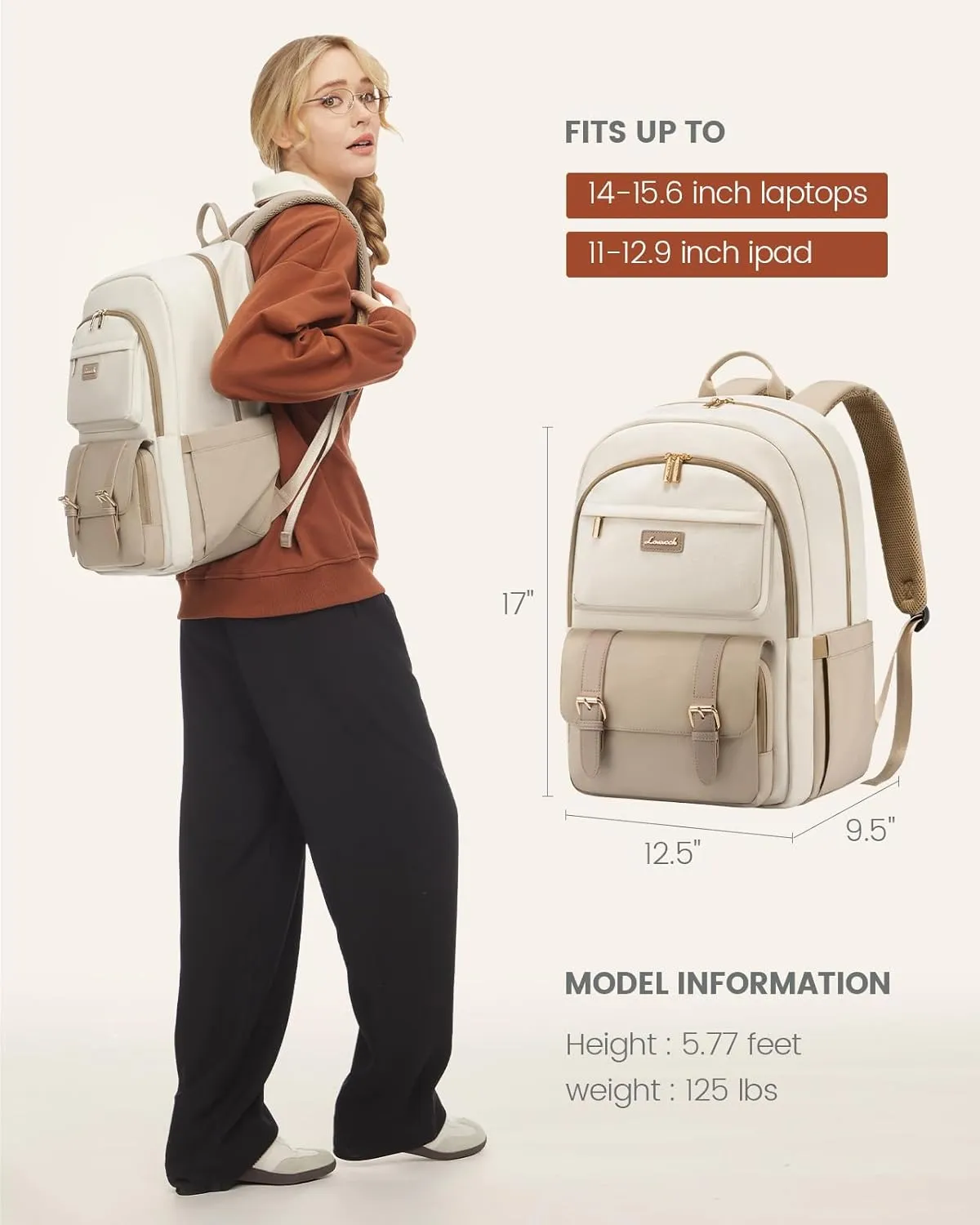 LOVEVOOK College Backpack for Women Fit 15.6 Inch Laptop, Cute Aesthetic Backpack for 14-16 Year Olds, Large Capacity Travel Work Bag Purse for Nurse Teacher, Khiki