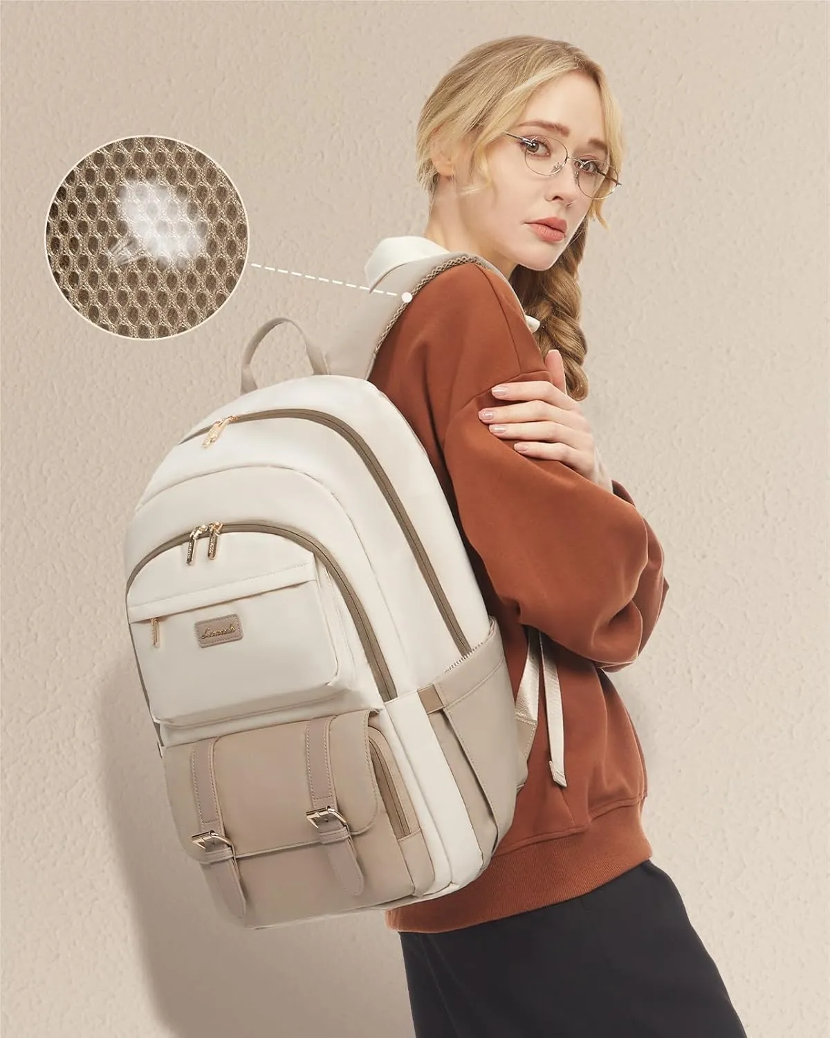 LOVEVOOK College Backpack for Women Fit 15.6 Inch Laptop, Cute Aesthetic Backpack for 14-16 Year Olds, Large Capacity Travel Work Bag Purse for Nurse Teacher, Khiki