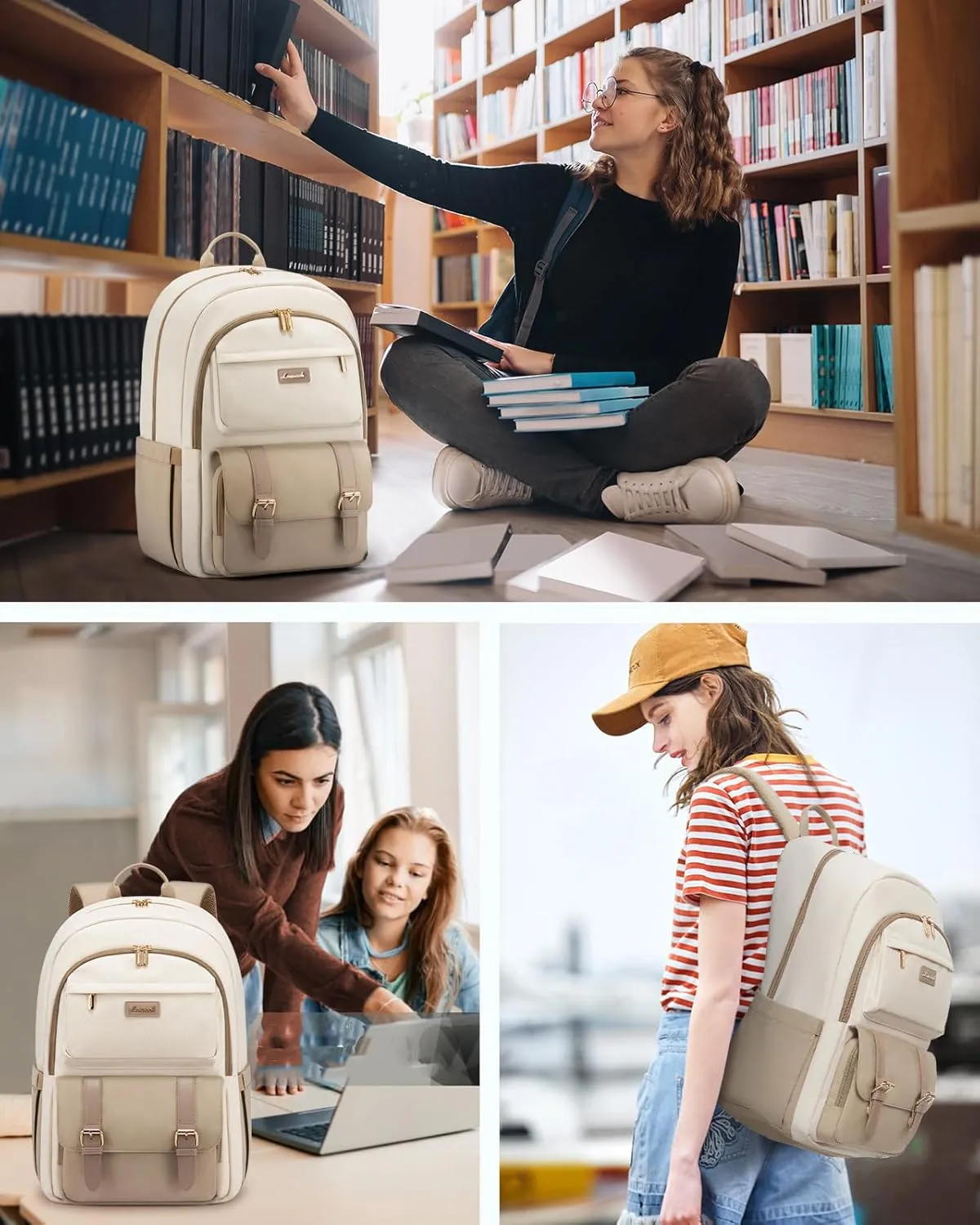 LOVEVOOK College Backpack for Women Fit 15.6 Inch Laptop, Cute Aesthetic Backpack for 14-16 Year Olds, Large Capacity Travel Work Bag Purse for Nurse Teacher, Khiki