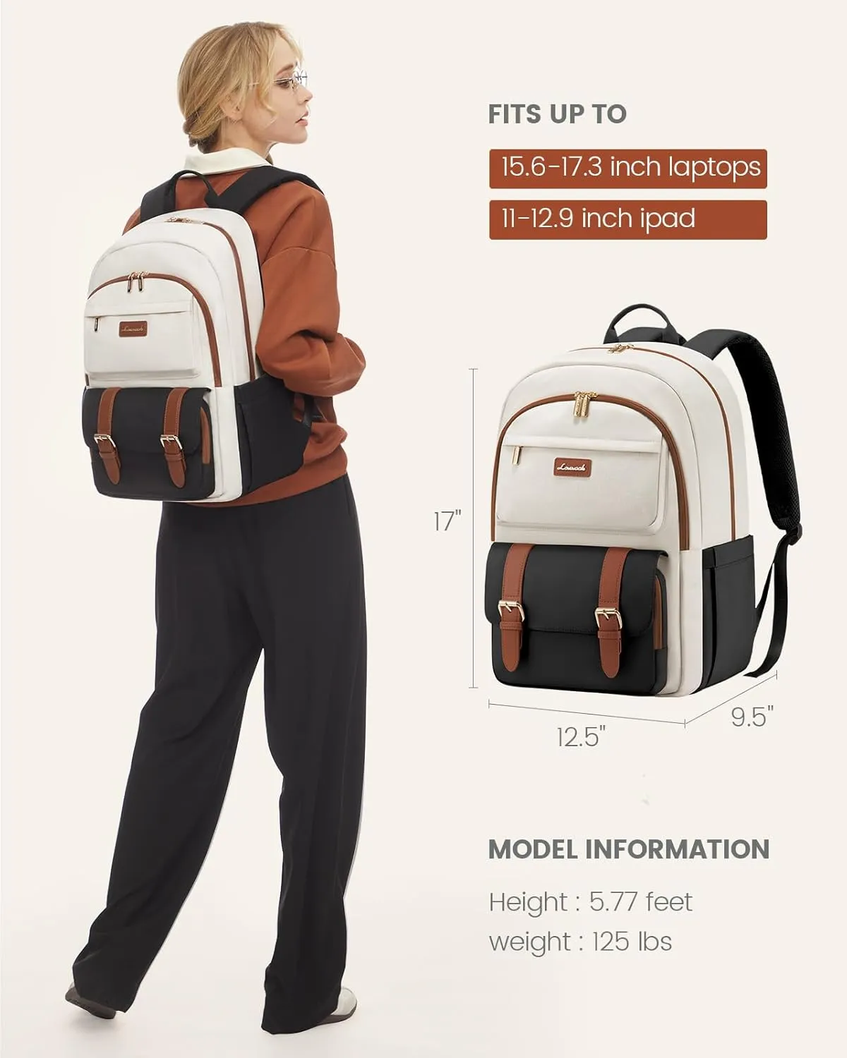 LOVEVOOK College Backpack for Women Fit 17.3 Inch Laptop, Cute Aesthetic for 14-16 Year Olds, Large Capacity Travel Work Purse for Nurse Teacher, Black-White-Brown