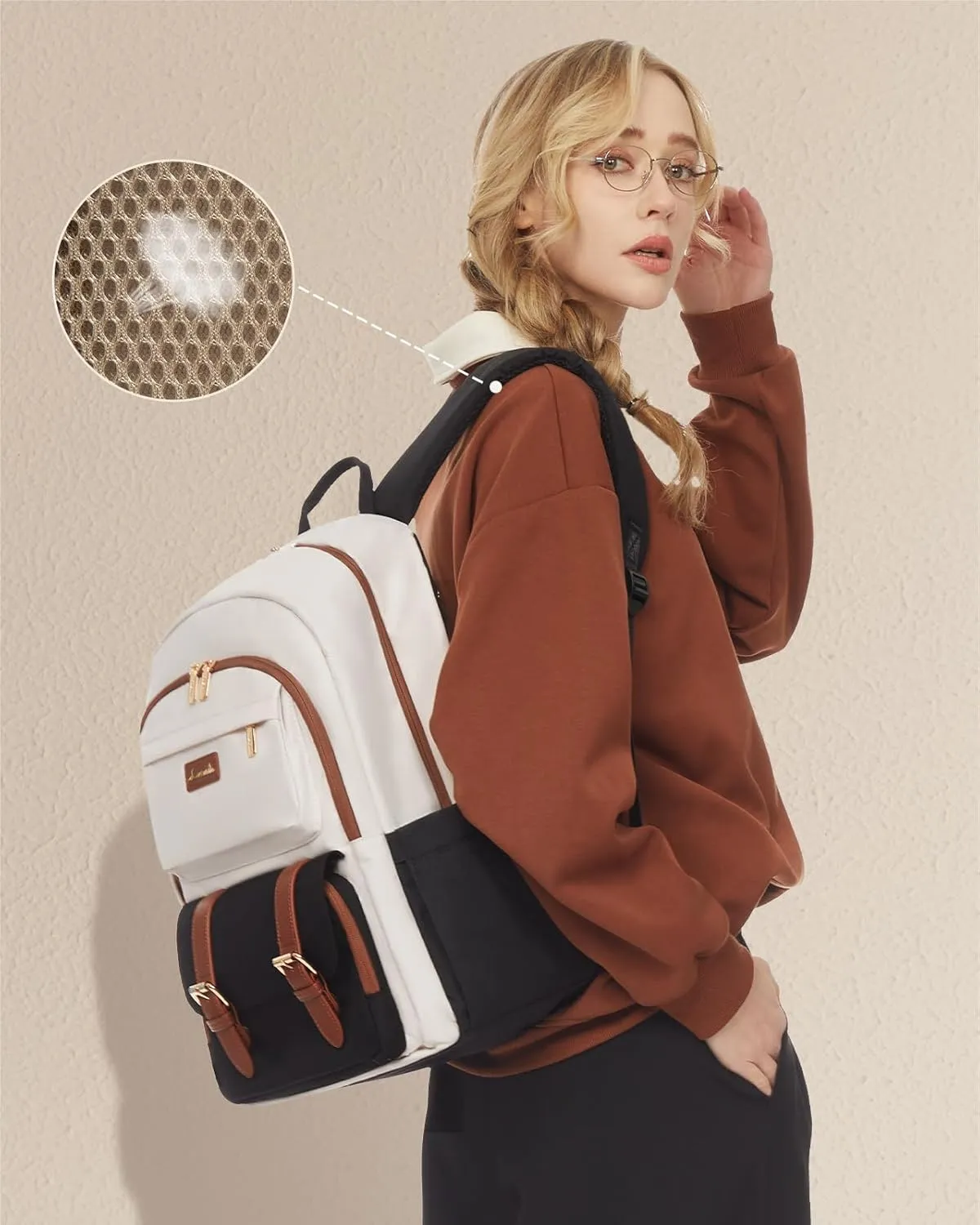 LOVEVOOK College Backpack for Women Fit 17.3 Inch Laptop, Cute Aesthetic for 14-16 Year Olds, Large Capacity Travel Work Purse for Nurse Teacher, Black-White-Brown