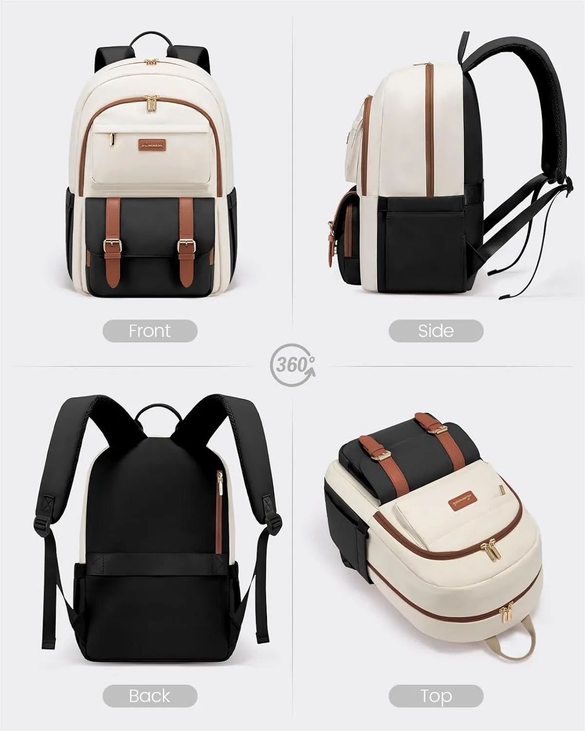 LOVEVOOK College Backpack for Women Fit 17.3 Inch Laptop, Cute Aesthetic for 14-16 Year Olds, Large Capacity Travel Work Purse for Nurse Teacher, Black-White-Brown