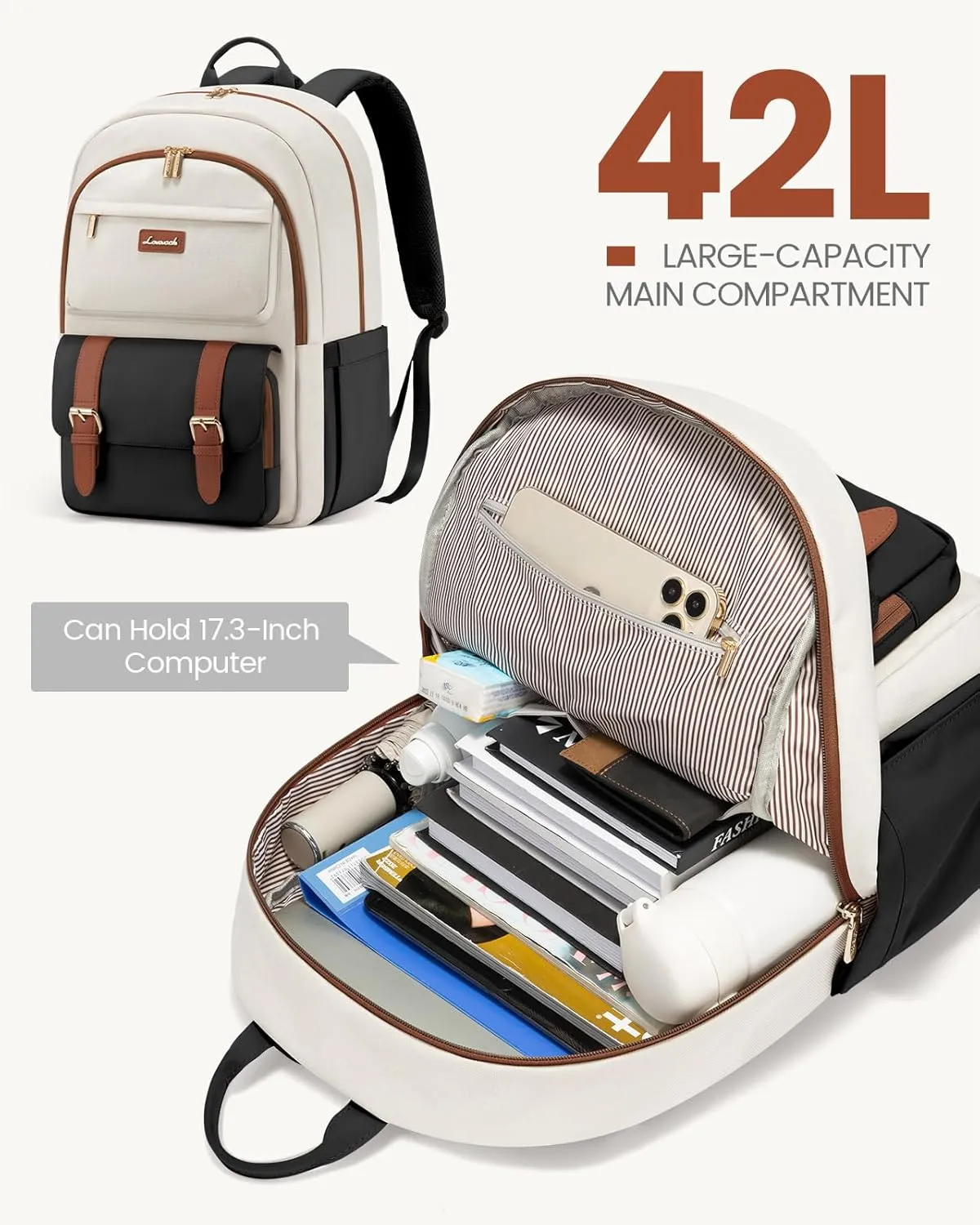 LOVEVOOK College Backpack for Women Fit 17.3 Inch Laptop, Cute Aesthetic for 14-16 Year Olds, Large Capacity Travel Work Purse for Nurse Teacher, Black-White-Brown