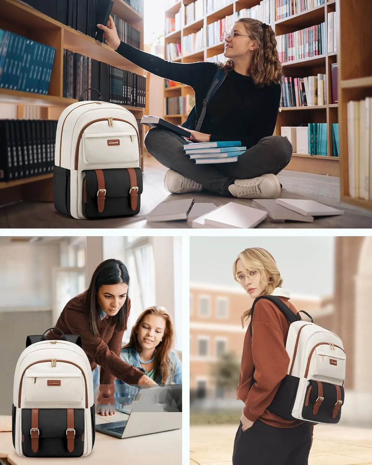 LOVEVOOK College Backpack for Women Fit 17.3 Inch Laptop, Cute Aesthetic for 14-16 Year Olds, Large Capacity Travel Work Purse for Nurse Teacher, Black-White-Brown