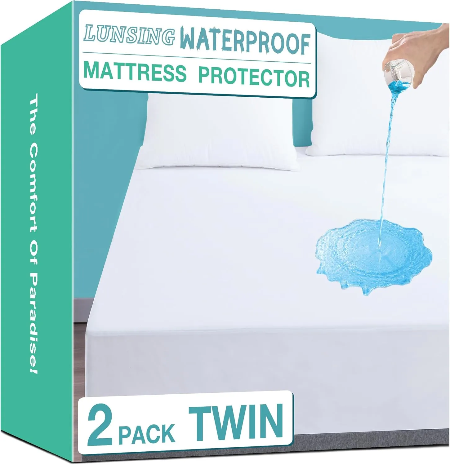 Lunsing 2 Pack Waterproof Twin Mattress Protector, Noiseless, Breathable, and Soft Twin Size Mattress Pad Cover with 6-16 inches Deep Pocket, White