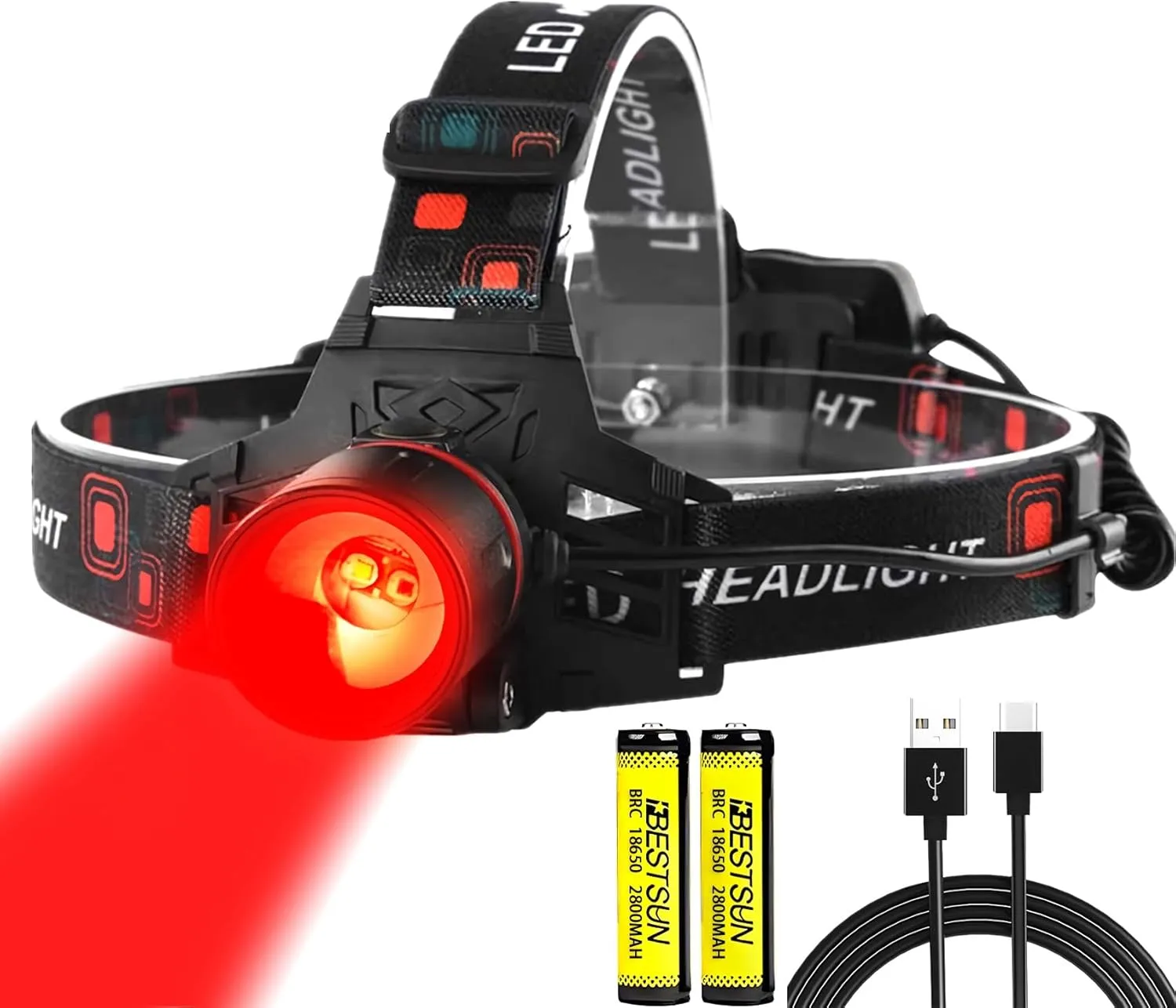 LUXNOVAQ Red Light Headlamp for Hunting, LED Rechargeable Headlamp, 3 Modes Zoomable Night Hunting Light,Waterproof Tactical headlamp Red Light HeadLamp for Deer Coyotes Raccoons Fox varmint
