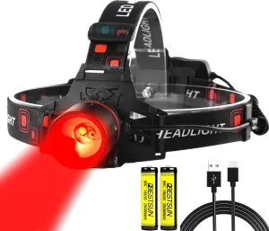 LUXNOVAQ Red Light Headlamp for Hunting, LED Rechargeable Headlamp, 3 Modes Zoomable Night Hunting Light,Waterproof Tactical headlamp Red Light HeadLamp for Deer Coyotes Raccoons Fox varmint