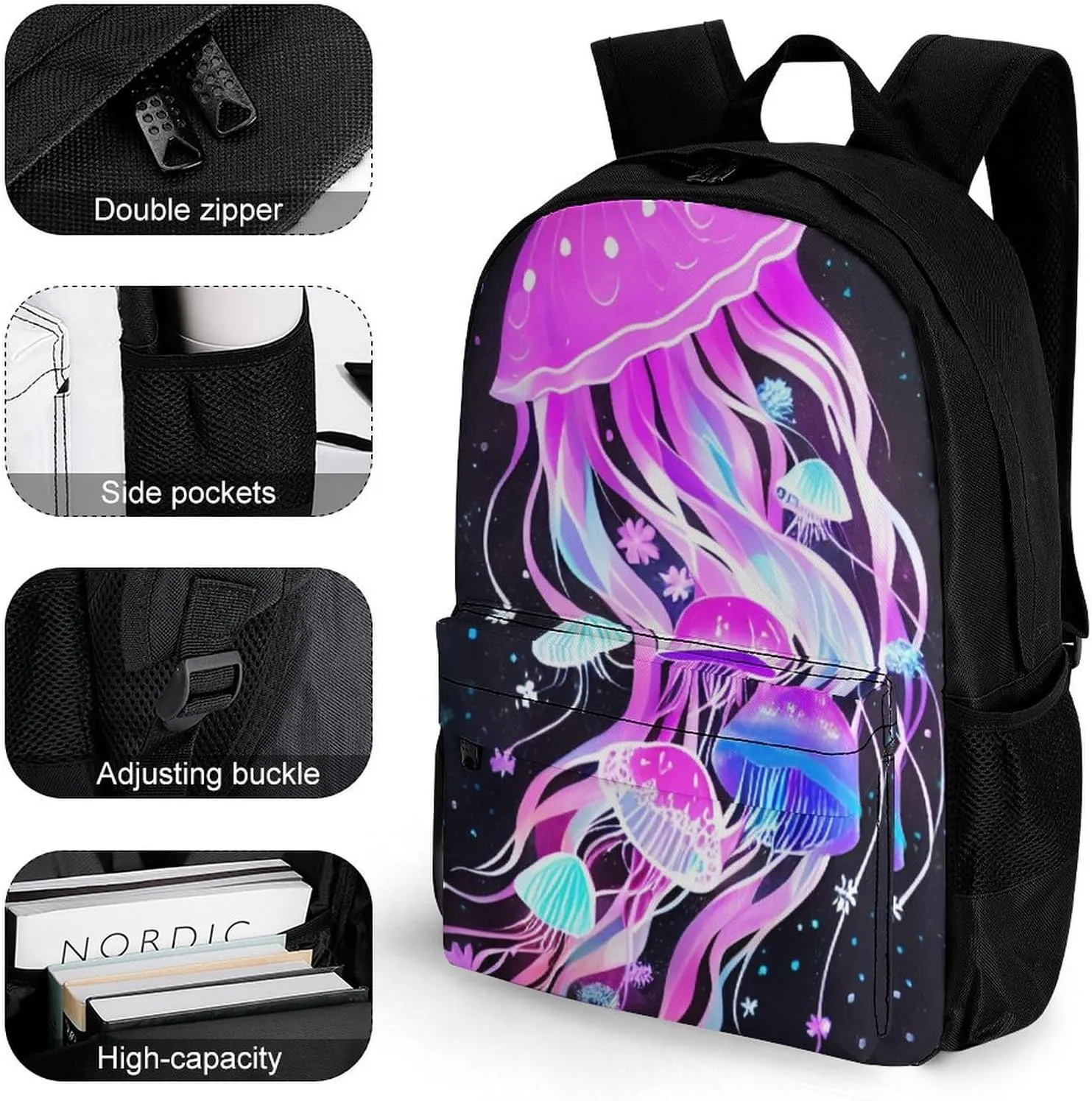 Magic Flowers Ocean The Jellyfish Pattern Daypack Polyester Anti-Theft Multipurpose Bookbag Big Capacity Gym Outdoor Hiking Backpack With Adjustable Shoulder Straps