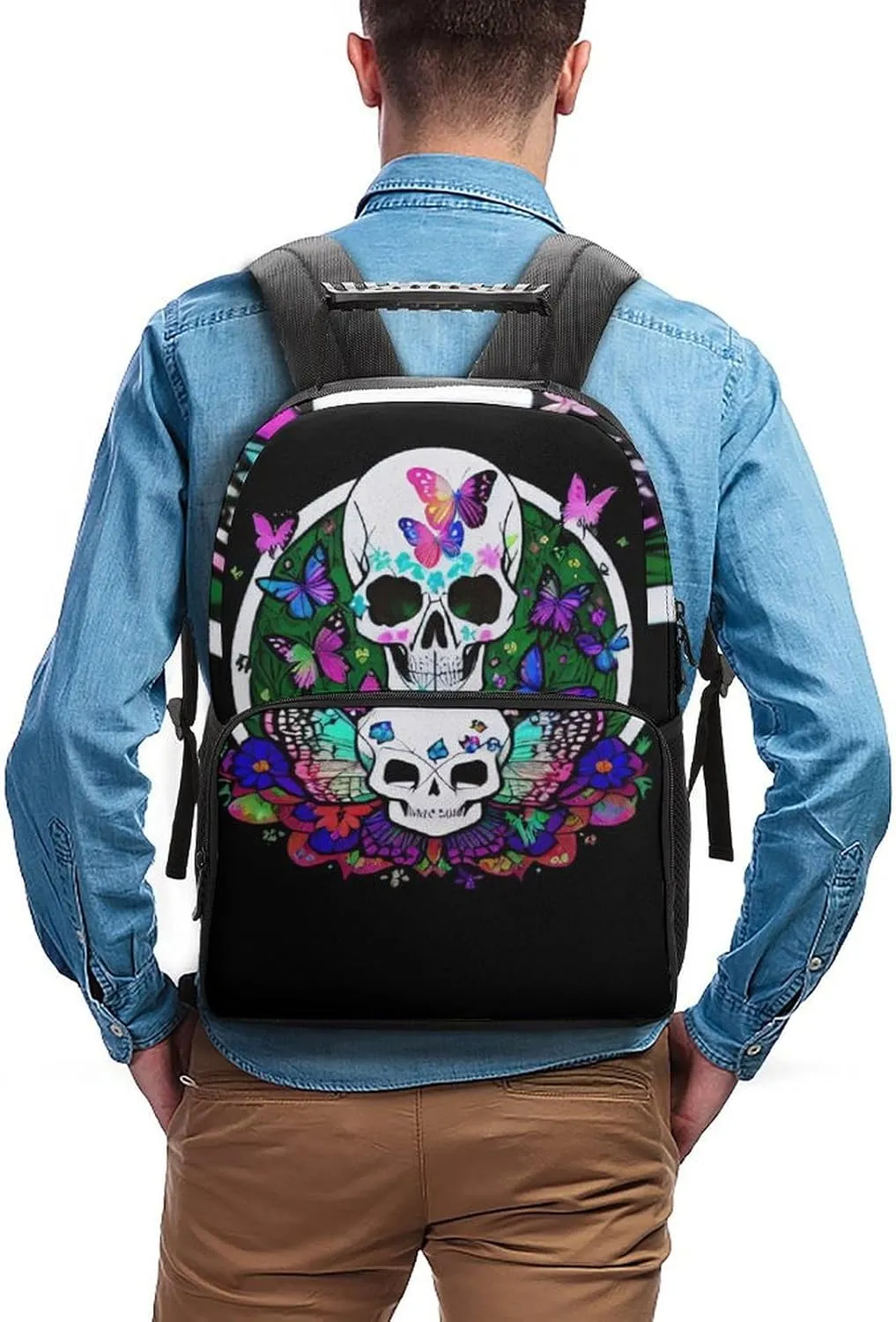Magic Mushrooms Skull Psychedelic Butterfly Art Shoulder Book Bags Polyester Multipurpose Anti-Theft Carry On Bag Large Capacity Travel Hiking & Camping Rucksack