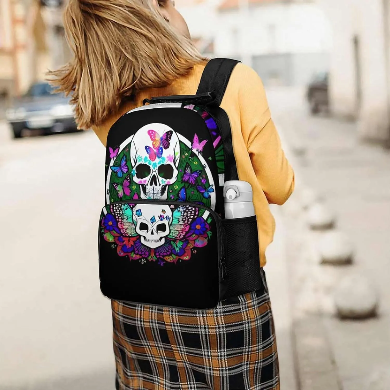 Magic Mushrooms Skull Psychedelic Butterfly Art Shoulder Book Bags Polyester Multipurpose Anti-Theft Carry On Bag Large Capacity Travel Hiking & Camping Rucksack