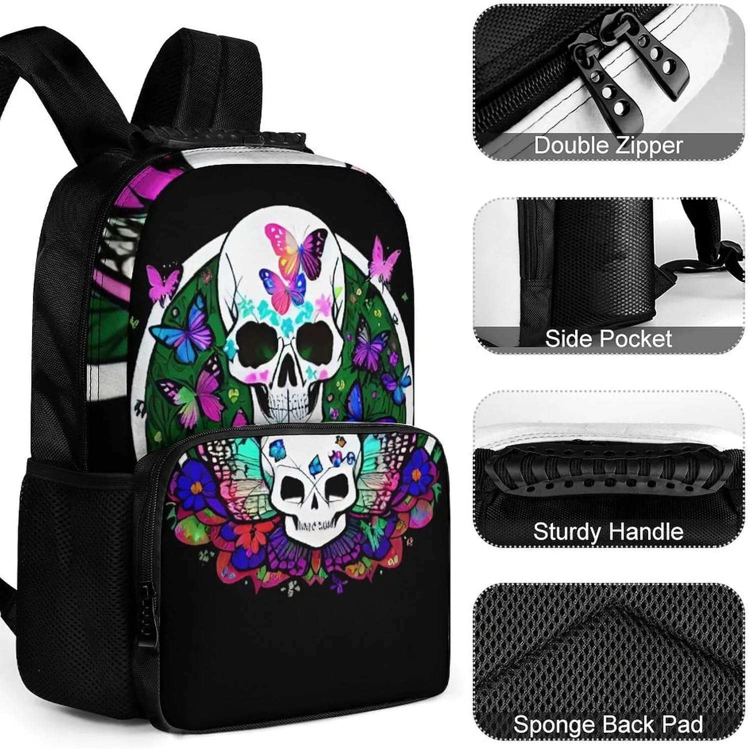 Magic Mushrooms Skull Psychedelic Butterfly Art Shoulder Book Bags Polyester Multipurpose Anti-Theft Carry On Bag Large Capacity Travel Hiking & Camping Rucksack
