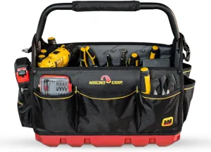 MagnoGrip RED Base 18" Pro Tool Tote – Heavy-duty 1680D Ballistic Polyester, 20 pockets, 8 loops, rotating steel handle, waterproof hard bottom, MOLLE webbing. Portable toolbox for pros & DIYers.