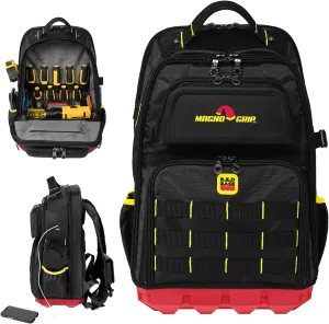 MagnoGrip RED Base PRO Tool Backpack - Heavy-Duty 1680D Polyester, 41 Pockets, Waterproof Base, Laptop Slot, MOLLE, USB Port, Lockable Zippers. Durable bag for Electricians, Contractors & DIYers.