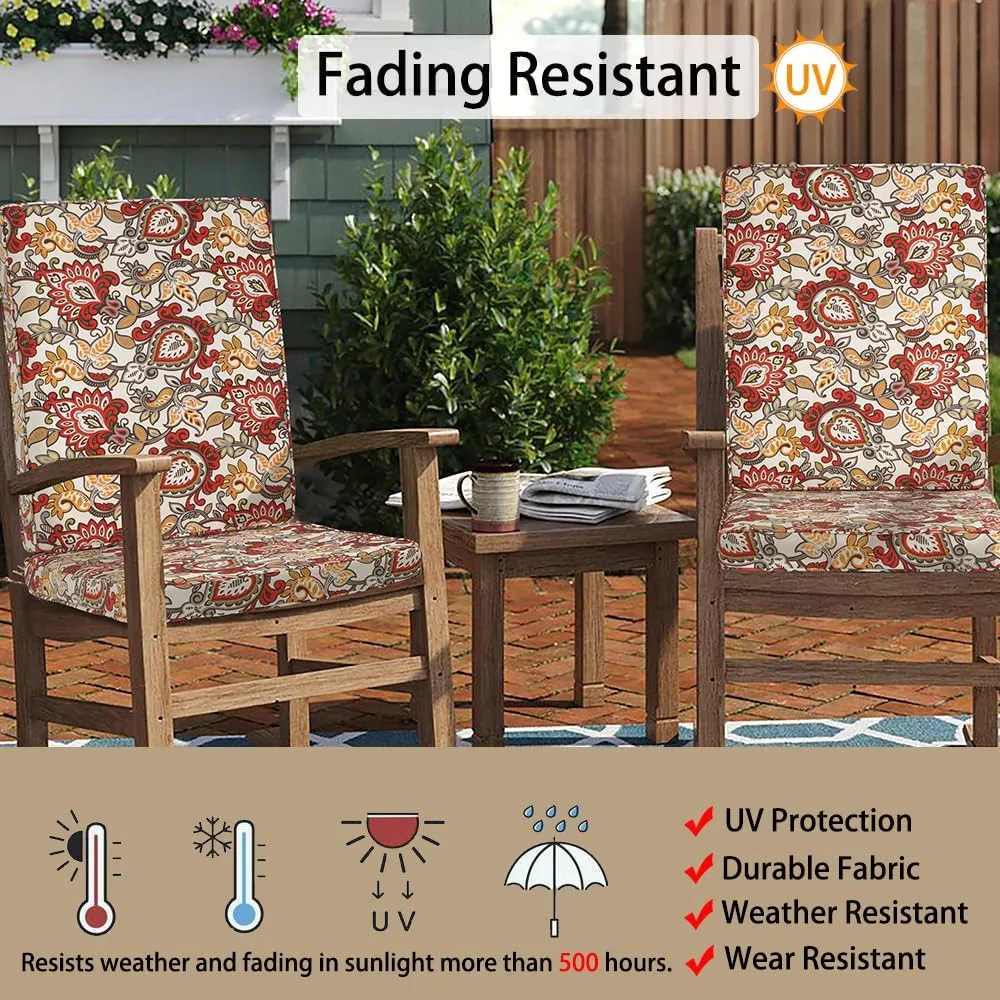 Magpie Fabrics Outdoor/Indoor High Back Square Corner Chair Cushion with Handle & Ties, Waterproof for Home Garden Balcony Patio Beach Swimming Pool, 45"x20"x3", Botanical Red
