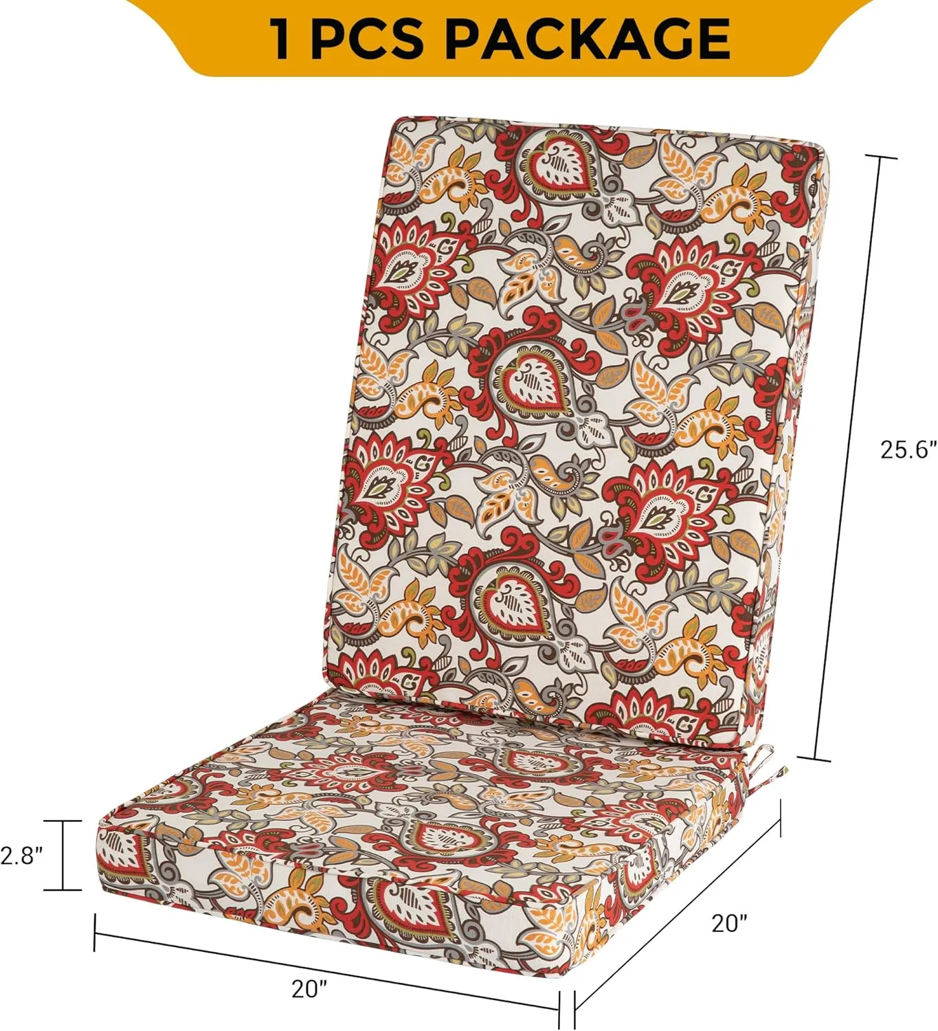 Magpie Fabrics Outdoor/Indoor High Back Square Corner Chair Cushion with Handle & Ties, Waterproof for Home Garden Balcony Patio Beach Swimming Pool, 45"x20"x3", Botanical Red
