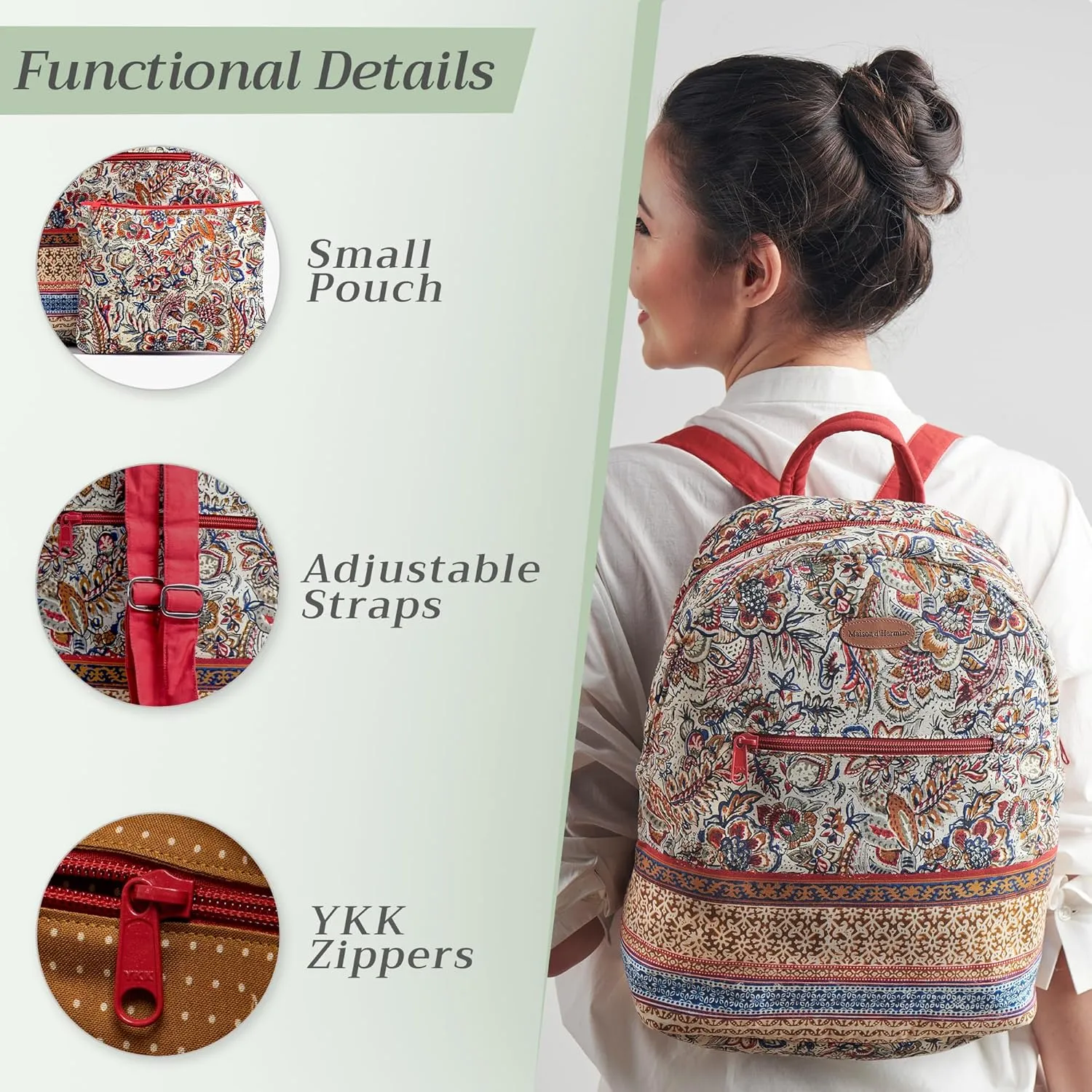 Maison d' Hermine Backpack Cotton Shoulder Backpack with Small Pouch Lightweight Bag for Travel Work Beach Perfect for Women & Men (Jaipur)