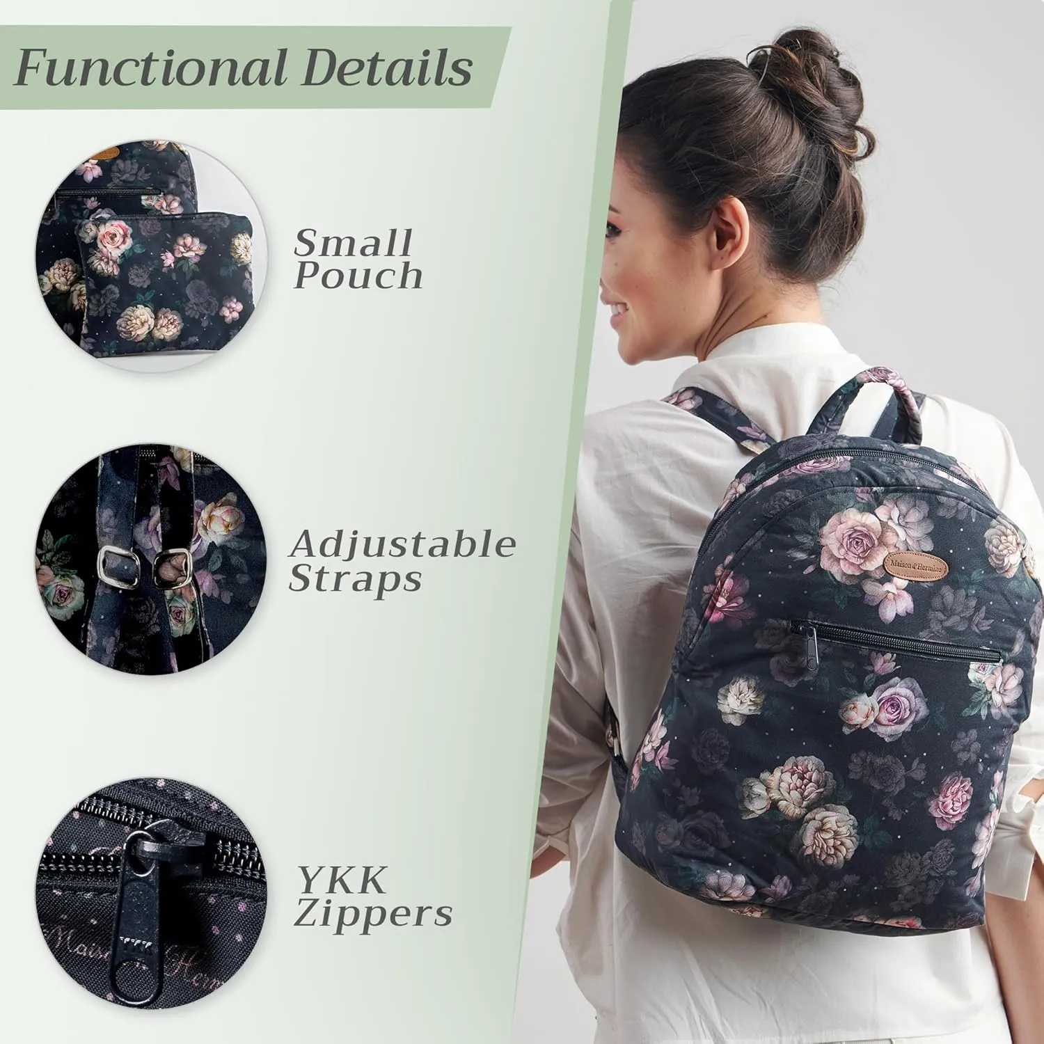 Maison d' Hermine Backpack Cotton Shoulder Backpack with Small Pouch Lightweight Bag for Travel Work Beach Perfect for Women & Men (Moody Florals)