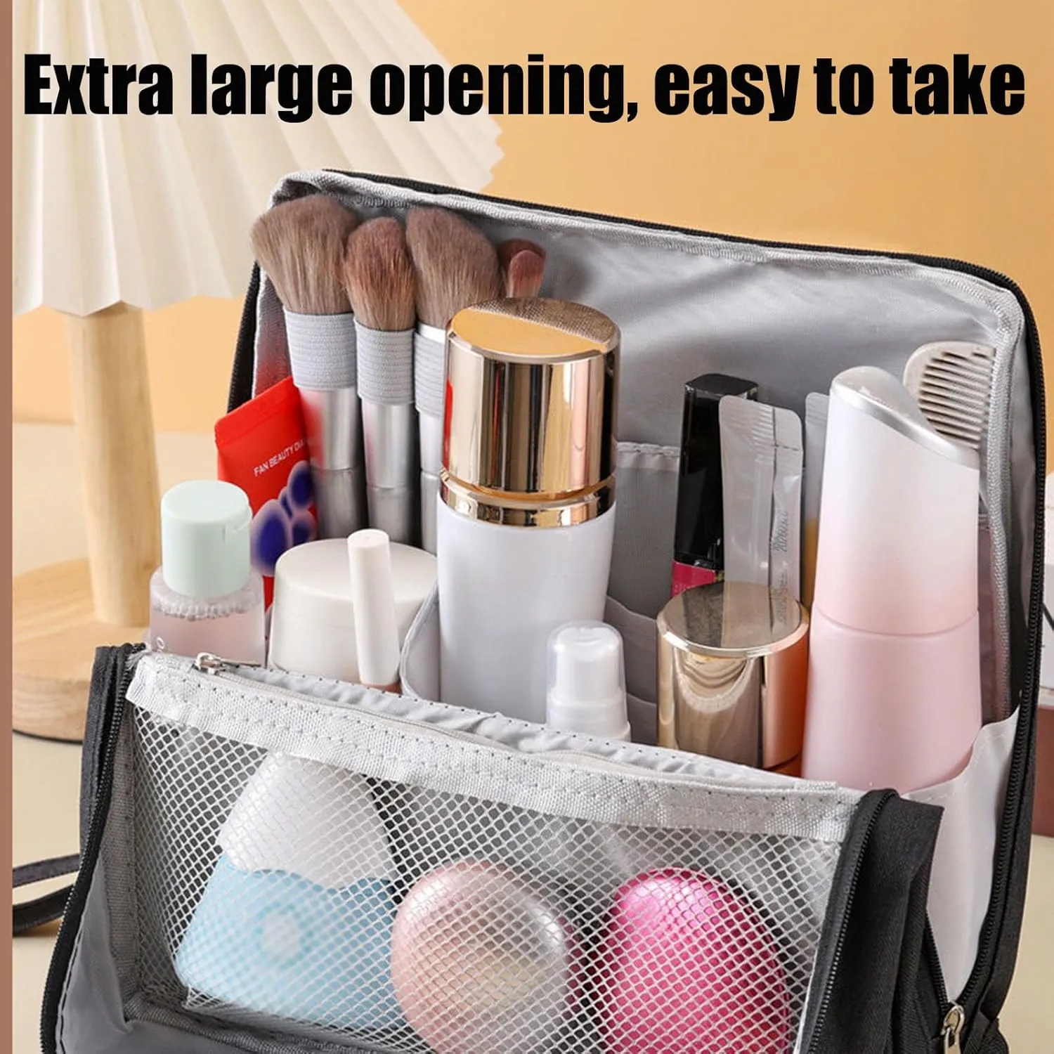 Makeup Bag, Standing Makeup Bag – Portable, Large Capacity Waterproof Makeup Organizer with Compartments Travel Home Use (Black)