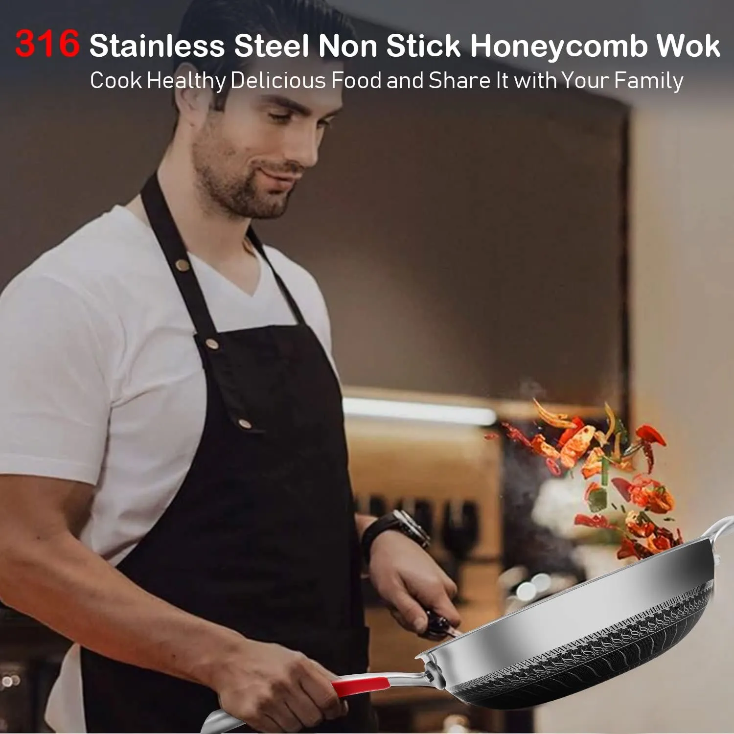 MEGOO 12.6" Stainless Steel Nonstick Wok Pan with Lid-Honeycomb Stir-Fry Skillet for Gas,Induction Electric Stovetops - Dishwasher Safe,PFOA/PFA-Free