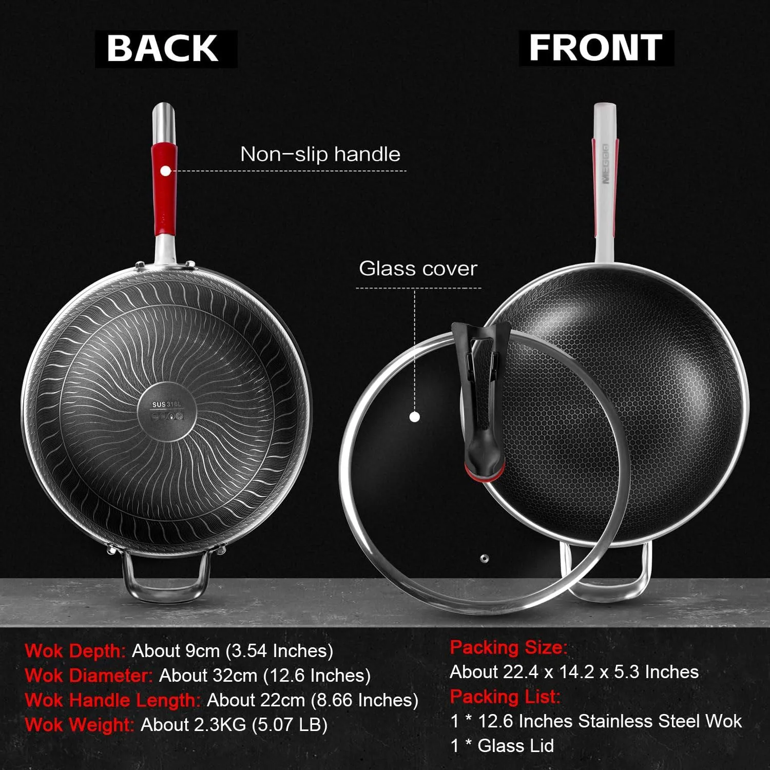 MEGOO 12.6" Stainless Steel Nonstick Wok Pan with Lid-Honeycomb Stir-Fry Skillet for Gas,Induction Electric Stovetops - Dishwasher Safe,PFOA/PFA-Free
