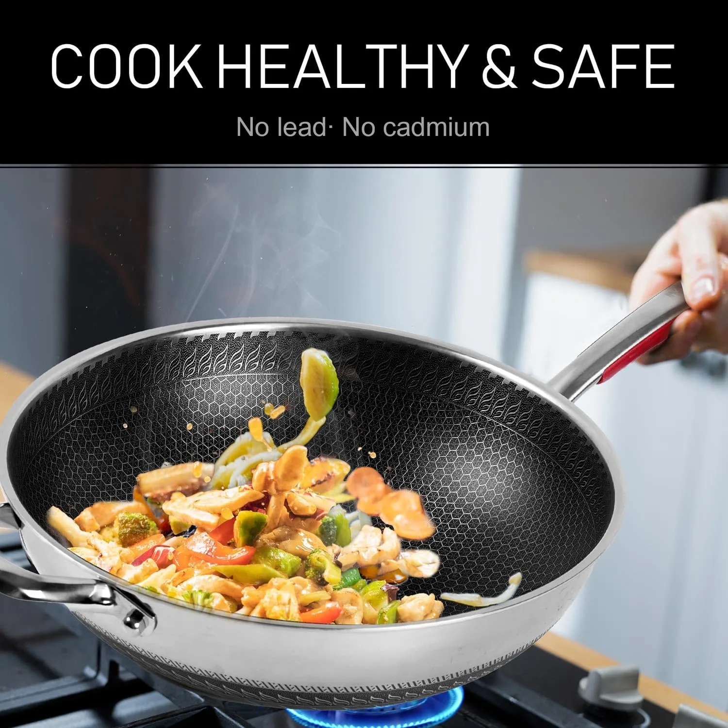 MEGOO 12.6" Stainless Steel Nonstick Wok Pan with Lid-Honeycomb Stir-Fry Skillet for Gas,Induction Electric Stovetops - Dishwasher Safe,PFOA/PFA-Free