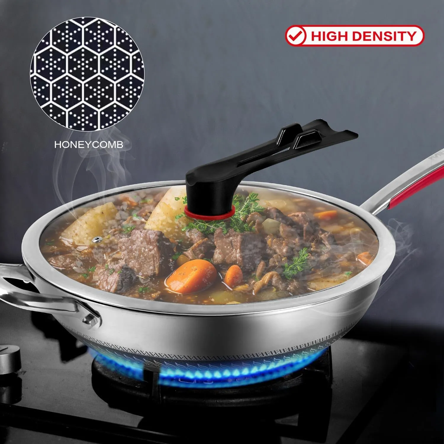 MEGOO 12.6" Stainless Steel Nonstick Wok Pan with Lid-Honeycomb Stir-Fry Skillet for Gas,Induction Electric Stovetops - Dishwasher Safe,PFOA/PFA-Free