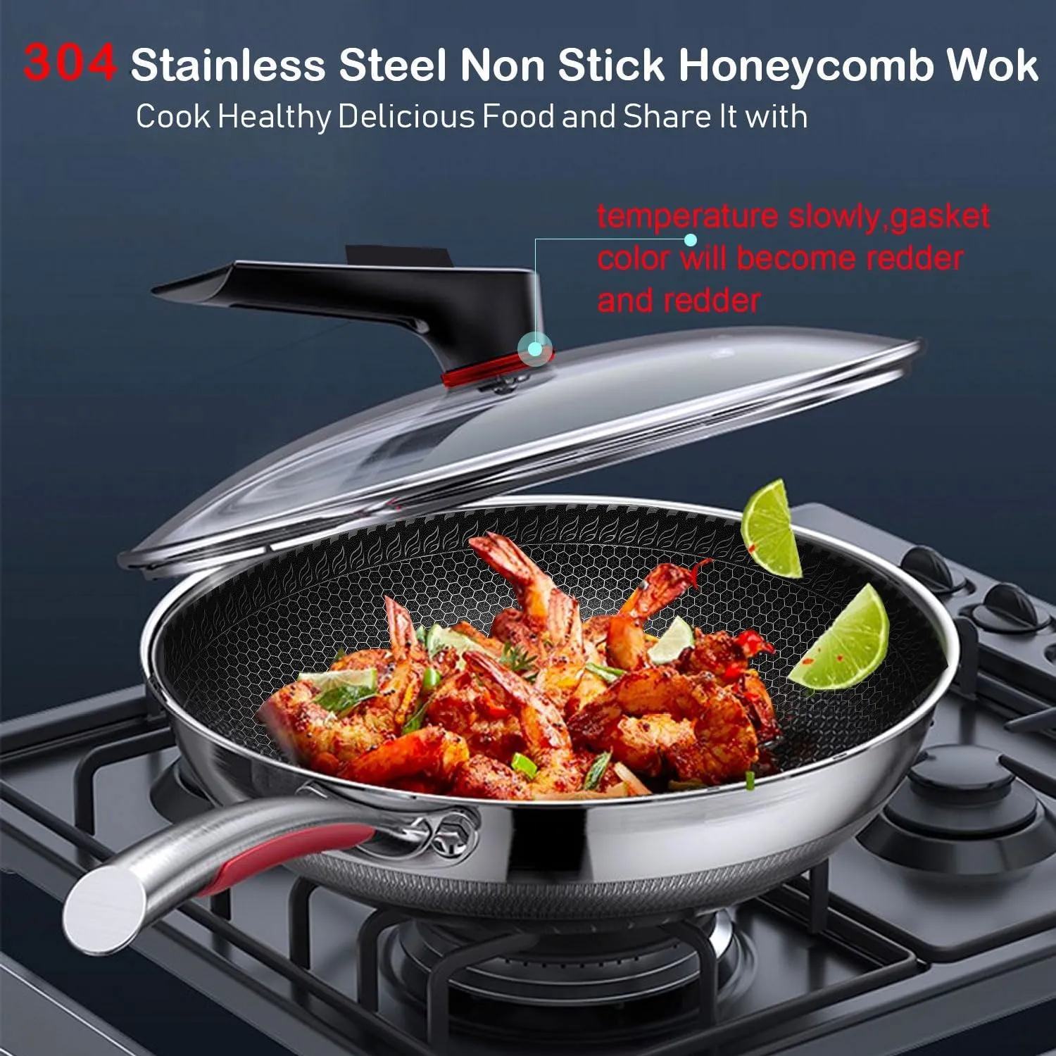 MEGOO 12.6" Stainless Steel Nonstick Wok Pan with Lid-Honeycomb Stir-Fry Skillet for Gas,Induction Electric Stovetops - Dishwasher Safe,PFOA/PFA-Free