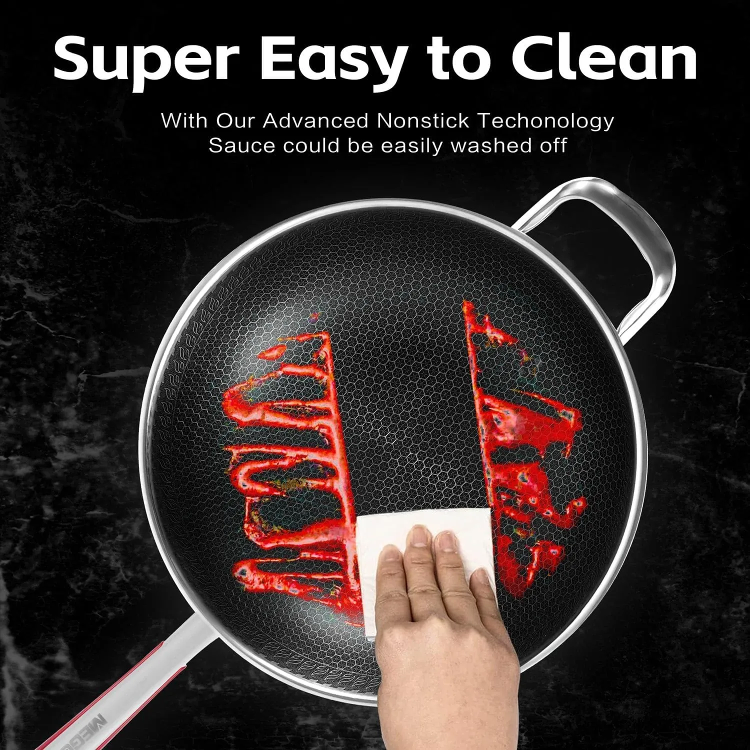 MEGOO 12.6" Stainless Steel Nonstick Wok Pan with Lid-Honeycomb Stir-Fry Skillet for Gas,Induction Electric Stovetops - Dishwasher Safe,PFOA/PFA-Free