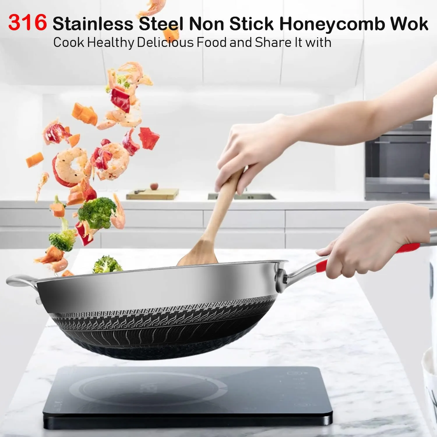 MEGOO 12.6" Stainless Steel Nonstick Wok Pan with Lid-Honeycomb Stir-Fry Skillet for Gas,Induction Electric Stovetops - Dishwasher Safe,PFOA/PFA-Free