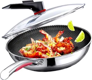 MEGOO 12.6" Stainless Steel Nonstick Wok Pan with Lid-Honeycomb Stir-Fry Skillet for Gas,Induction Electric Stovetops - Dishwasher Safe,PFOA/PFA-Free