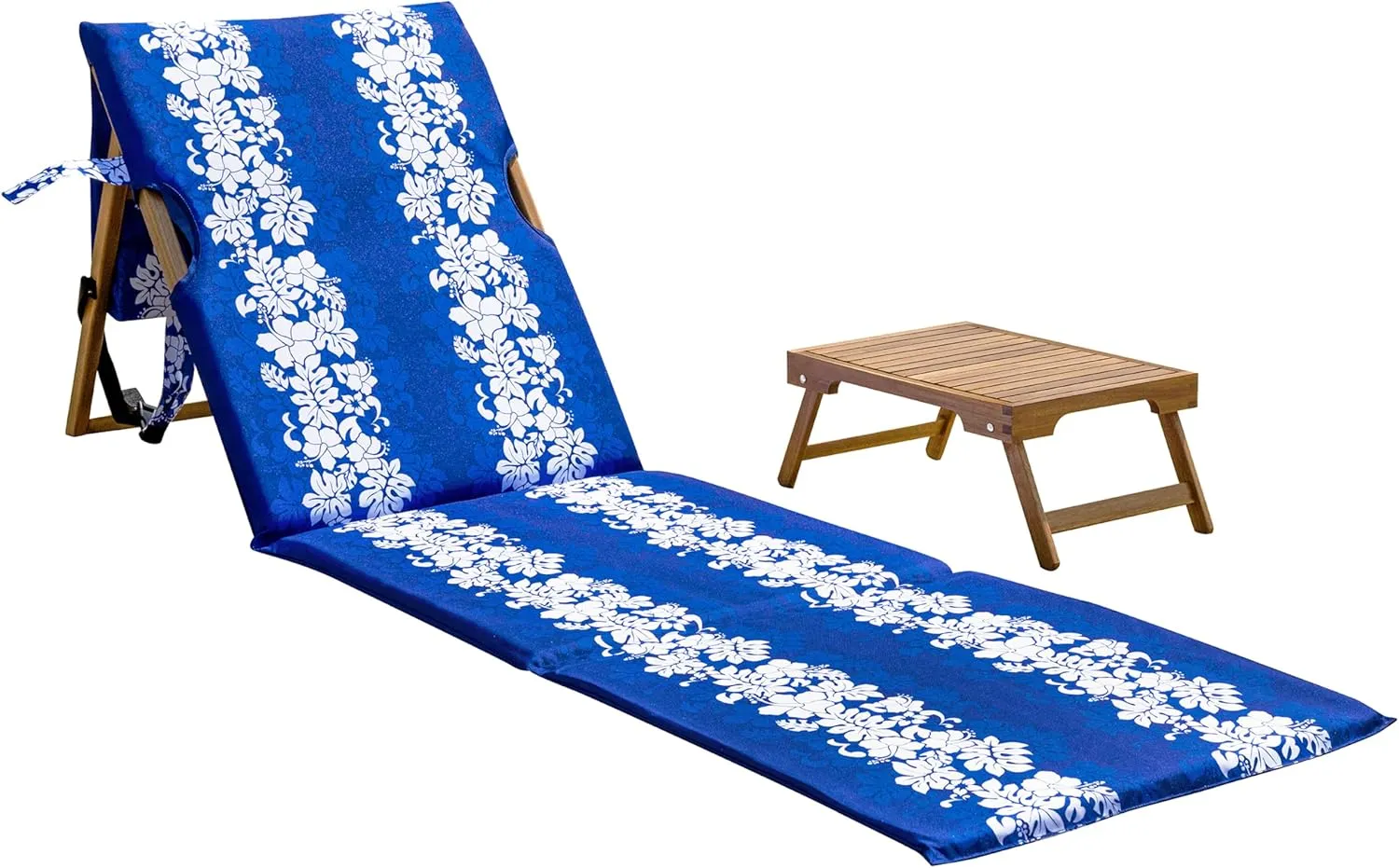 Melino Portable Beach Mat Lounge Chair and Wooden Table – Heavy Duty Folding Lounger Backpack for Adults, Outdoor, Pool, Lawn, Patio, and Tanning, Floral Pattern