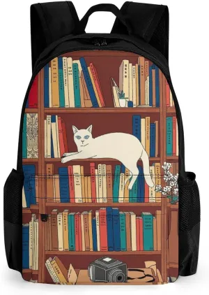 Men & Women Lightweight Book Lover Catsleeping Over Bookshelf In Library Art Casual Daypack Large Capacity Bookbag With Adjustable Shoulder Straps for Gym Business Bicycle