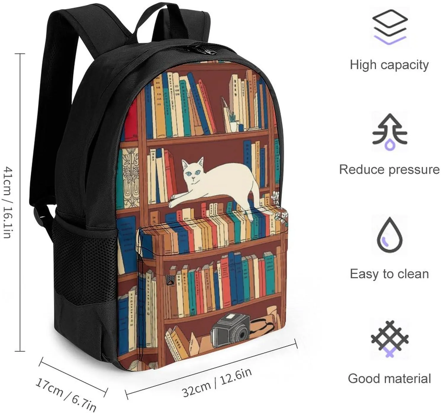 Men & Women Lightweight Book Lover Catsleeping Over Bookshelf In Library Art Casual Daypack Large Capacity Bookbag With Adjustable Shoulder Straps for Gym Business Bicycle