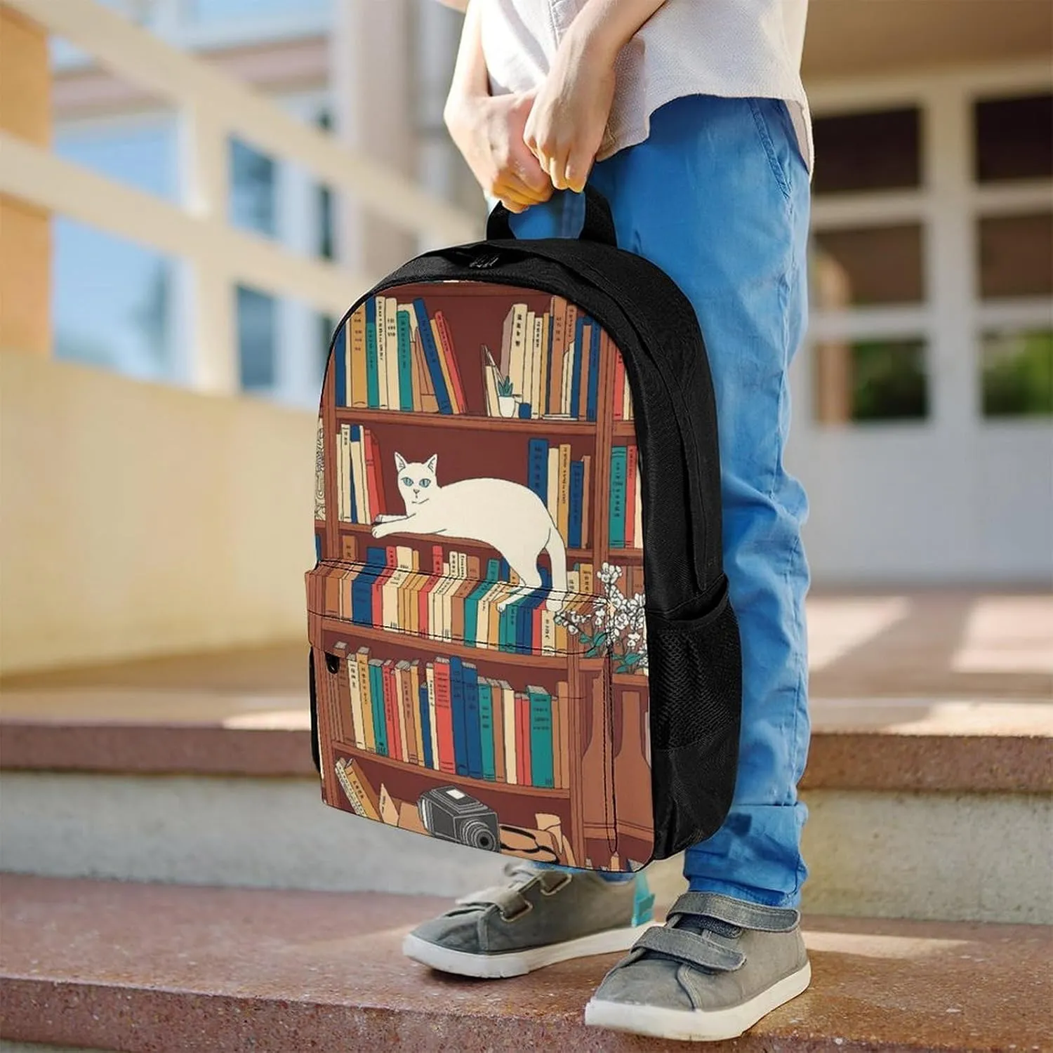 Men & Women Lightweight Book Lover Catsleeping Over Bookshelf In Library Art Casual Daypack Large Capacity Bookbag With Adjustable Shoulder Straps for Gym Business Bicycle