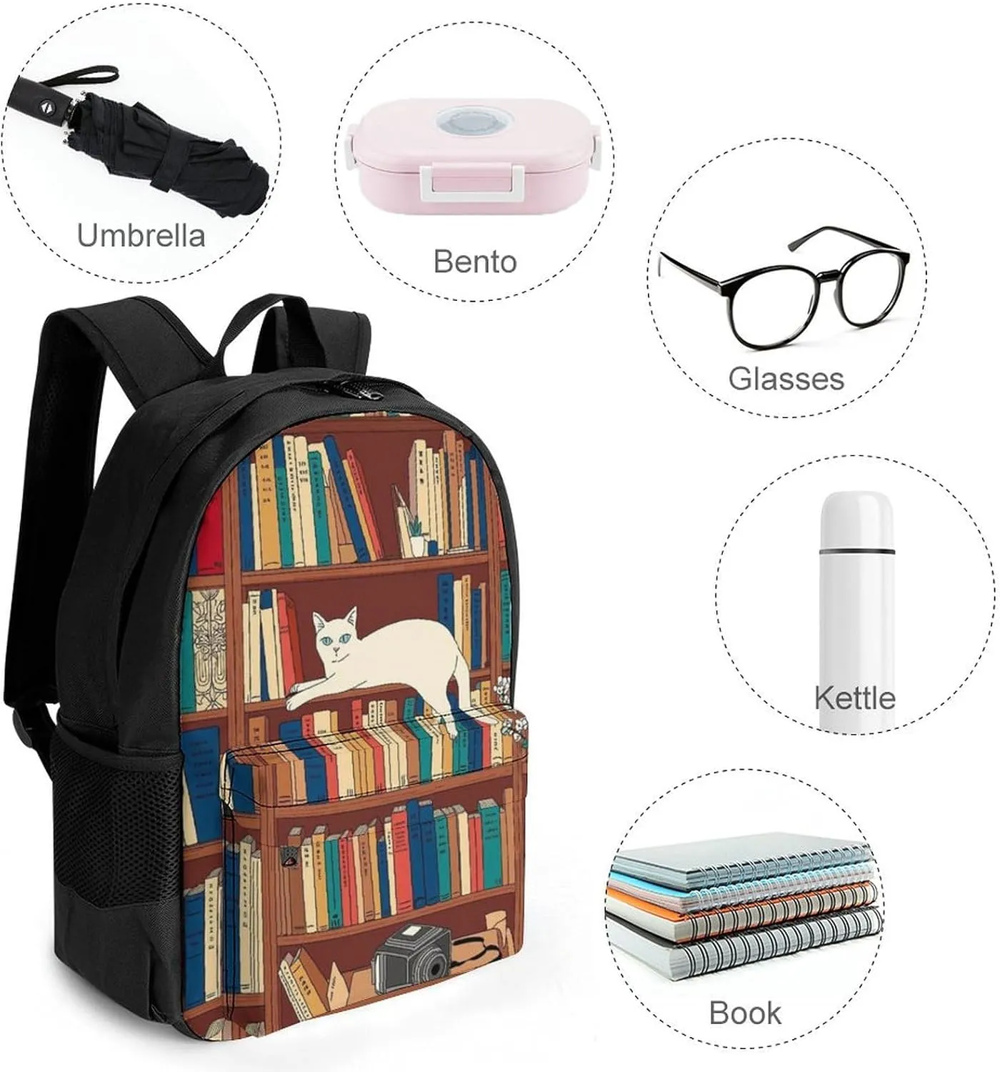 Men & Women Lightweight Book Lover Catsleeping Over Bookshelf In Library Art Casual Daypack Large Capacity Bookbag With Adjustable Shoulder Straps for Gym Business Bicycle