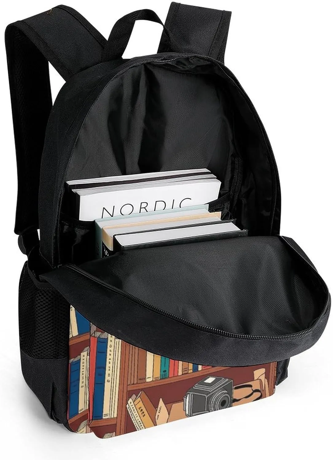 Men & Women Lightweight Book Lover Catsleeping Over Bookshelf In Library Art Casual Daypack Large Capacity Bookbag With Adjustable Shoulder Straps for Gym Business Bicycle