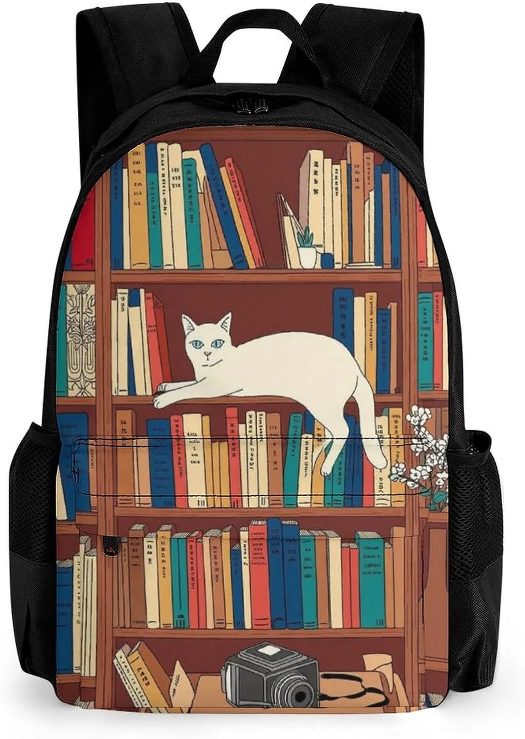 Men & Women Lightweight Book Lover Catsleeping Over Bookshelf In Library Art Casual Daypack Large Capacity Bookbag With Adjustable Shoulder Straps for Gym Business Bicycle