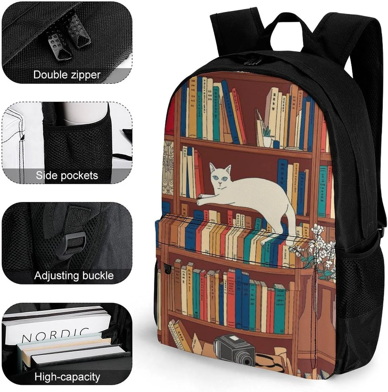 Men & Women Lightweight Book Lover Catsleeping Over Bookshelf In Library Art Casual Daypack Large Capacity Bookbag With Adjustable Shoulder Straps for Gym Business Bicycle