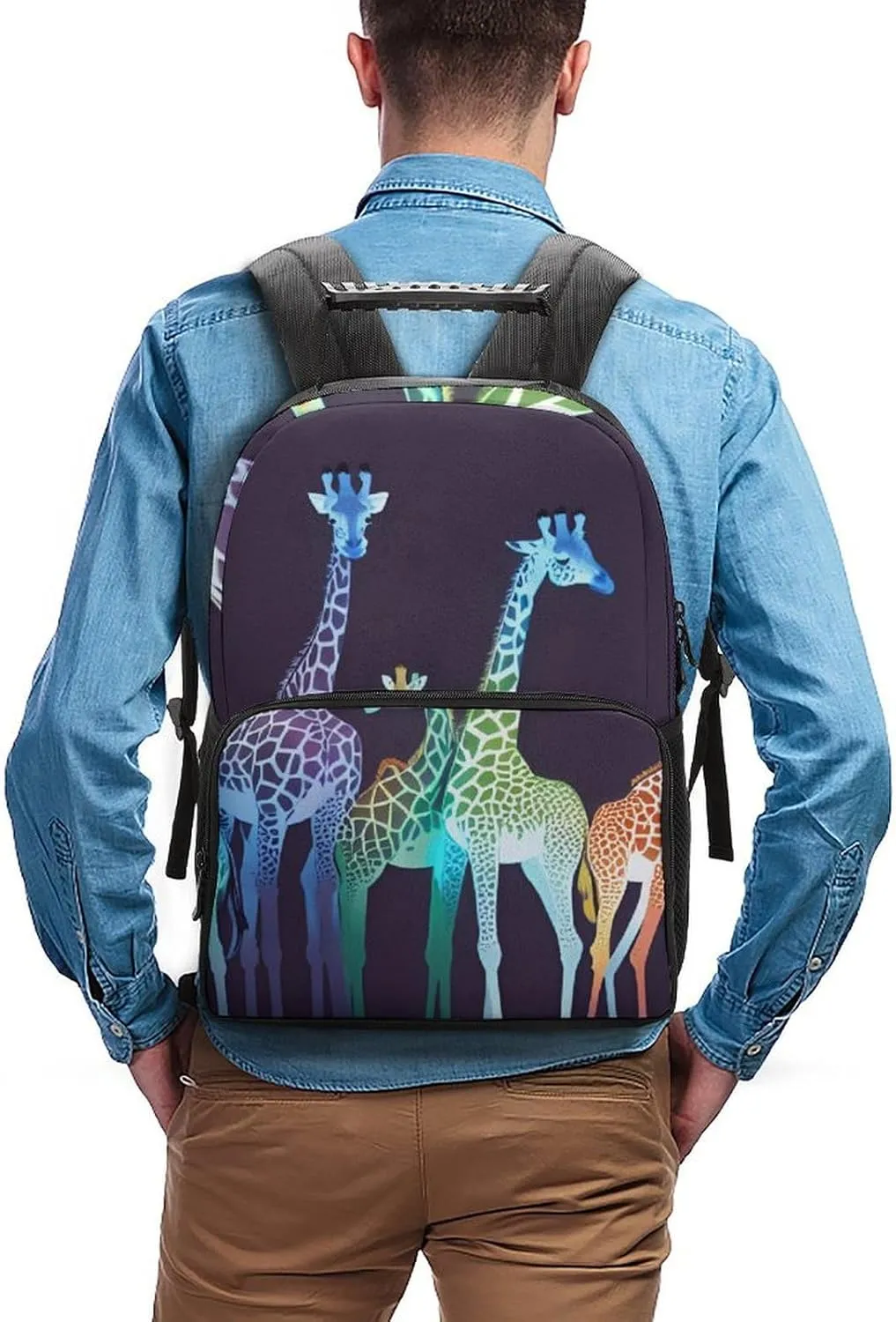 Men & Women Polyester Colorful Giraffe Art Backpack Large Capacity Bookbag With Smooth Zippers for Climbing Picnic Bicycle