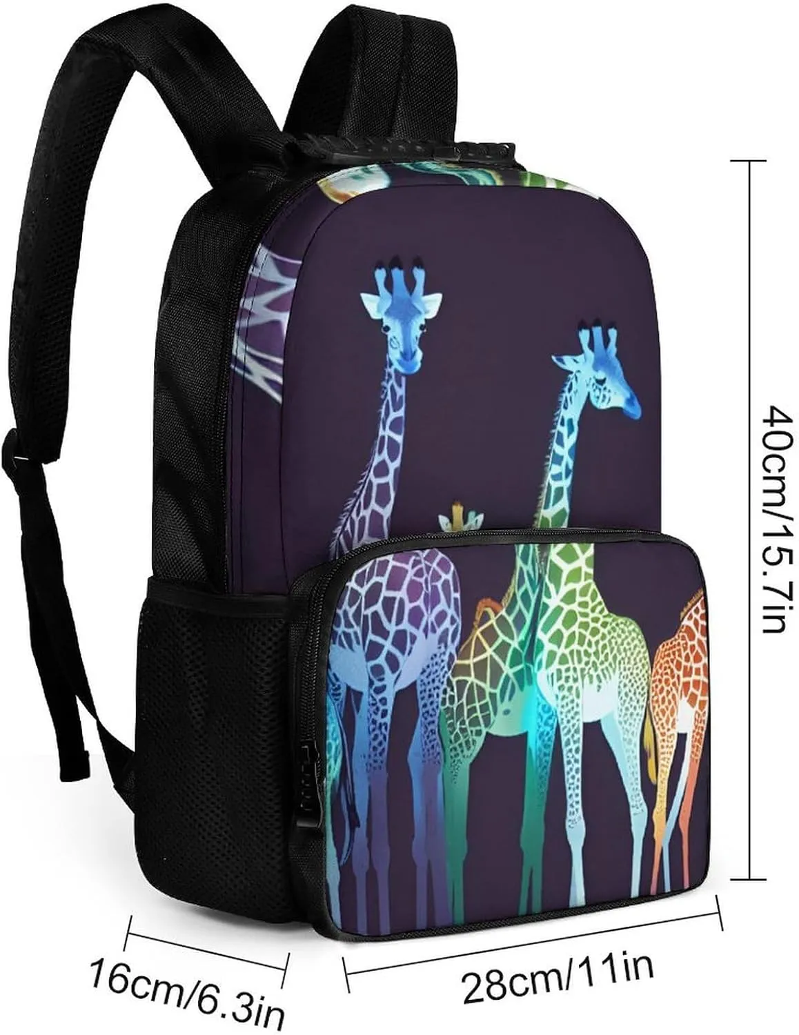Men & Women Polyester Colorful Giraffe Art Backpack Large Capacity Bookbag With Smooth Zippers for Climbing Picnic Bicycle