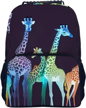Men & Women Polyester Colorful Giraffe Art Backpack Large Capacity Bookbag With Smooth Zippers for Climbing Picnic Bicycle