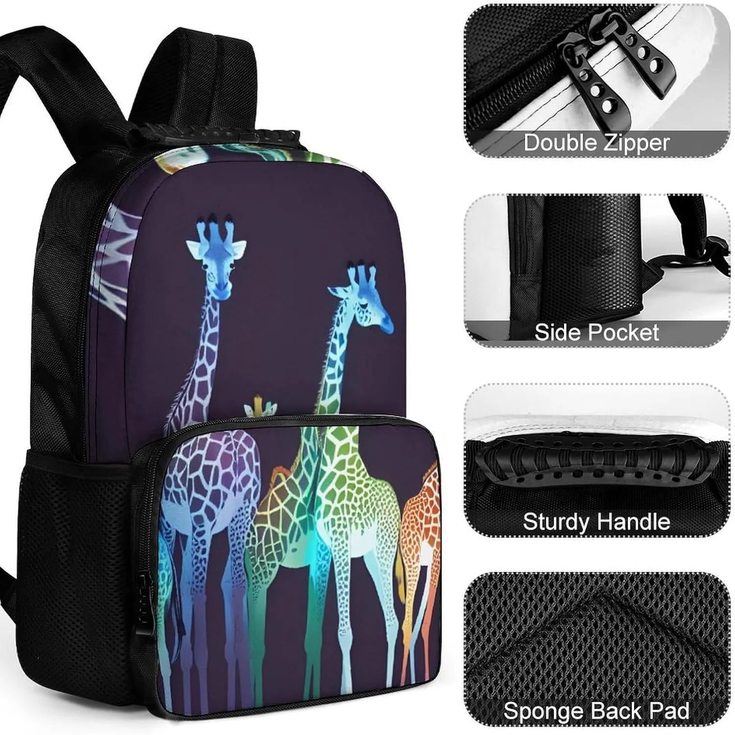 Men & Women Polyester Colorful Giraffe Art Backpack Large Capacity Bookbag With Smooth Zippers for Climbing Picnic Bicycle