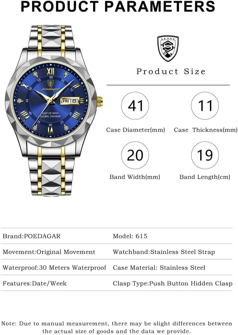 Men Quartz Watch Luxury for Man Sports Business Waterproof Luminous Stainless Steel Week Date Men's Watches Male Clock