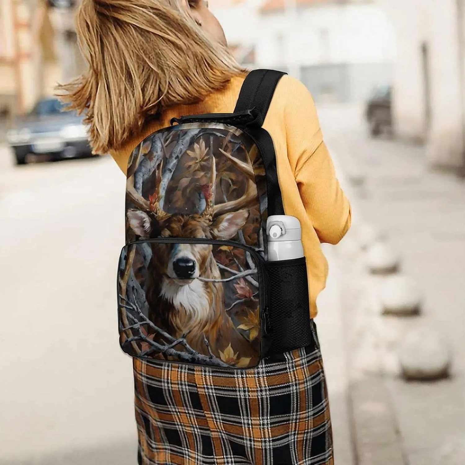 Men Women Lightweight Camo Elk Deer Withered Branches Casual Daypack Big Capacity Bookbag With Padded Straps for Gym Travel Walking Cycling